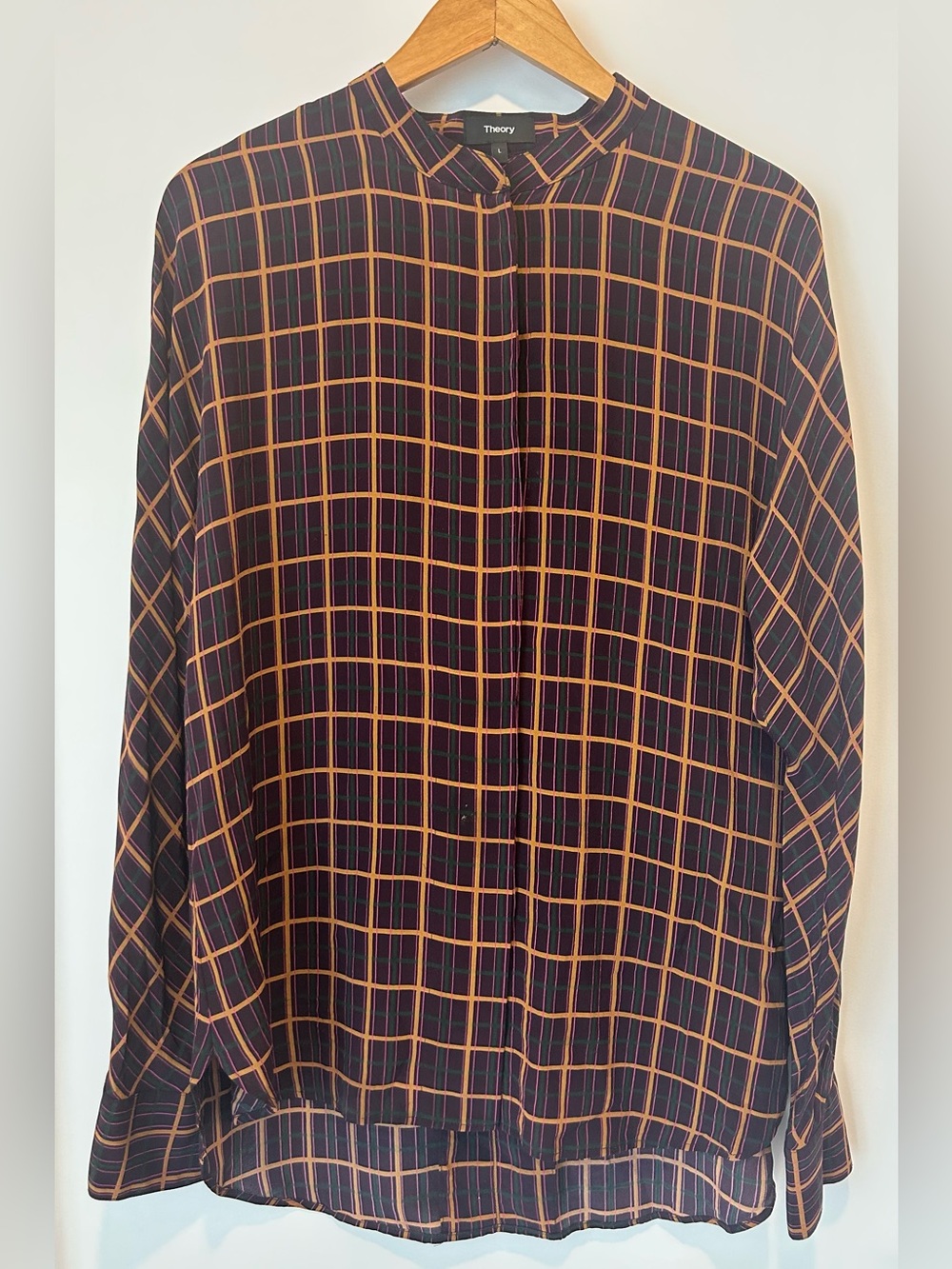 Theory 100% Silk Perfect Dolman Blouse | York Plaid | Size L